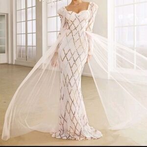 Baby Pink, Contrast Sequined,  Draped, Sweetheart Neck, Mermaid Maxi Gown